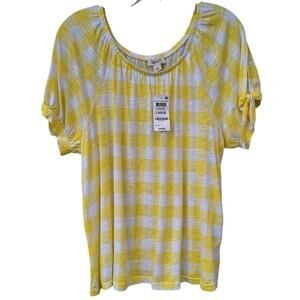 Style & Co Cotton Modal Gingham Check Elastic neck Yellow White Top Blouse L $49